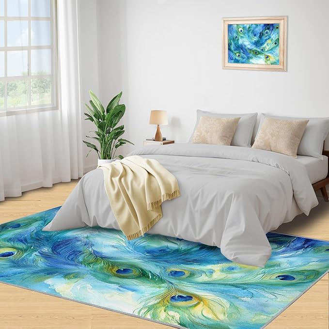 Peacock Feather Rug 6x8-6x8 Rug, Teal Turquoise Area Rugs for Bedroom, Malachite Green Feather Rugs for Living Room, Peafowl Washable Mat, Peacock Feather Carpet - Peafowl Home Decor & Gifts