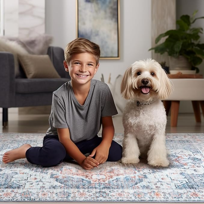 8x10 Area Rugs for Living Room, Machine Washable Non-Slip Low Pile Faux Wool Boho Vintage Carpet, Non-Shedding Large Rug for Bedroom Dining Room Office, Light Blue
