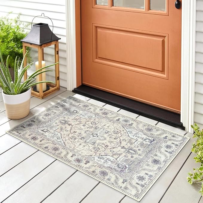 GLN Rugs Traditional Collection - Machine Washable Area Rug, Traditional Washable, Non Slip, Low Pile Chenille Rug, Living Room, Bedroom, Kitchen Rug (2' x 3' Cream/Gray)