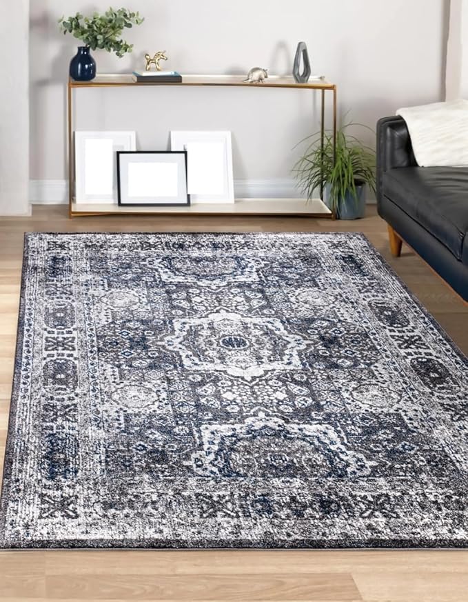 Keen Home Design Area Rugs - Non-Shedding, Thick Pile Abstract Rugs for Kitchen, Living Room, Bedroom, Dining Room, Entryway (Medallion Grey/Blue/Cream, 7'3'' x 10'2'')