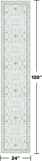 Oushak Runner 2x10 Hallway Rug - Floral Pastel Boho, Washable Low Pile Non Slip Extra Long Runner Rugs for Kitchen, Hall Way - Cream Blue and Green