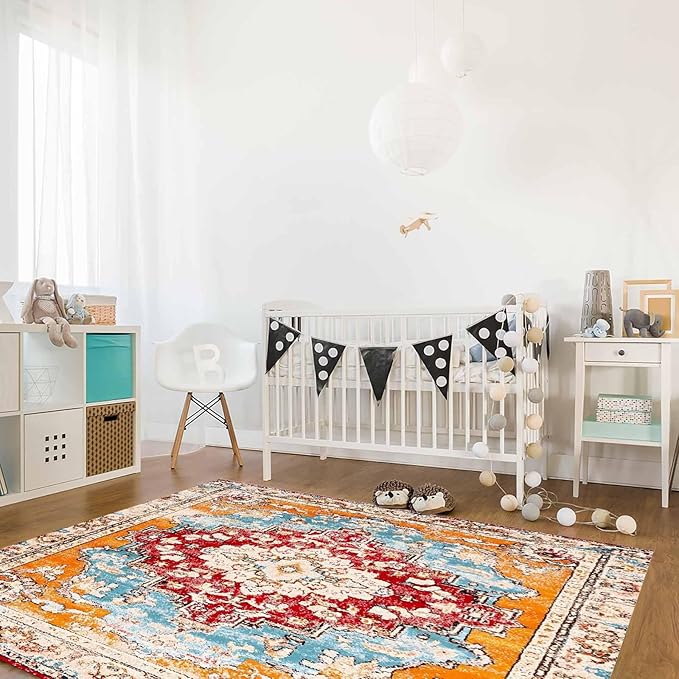 Bohemian Pattern Rectangular Area Rugs for Living Room Bedroom 5 x 8 ft Red & Orange Abstract Non-Shedding Soft Low Pile Rug Non Slip Washable Rug for Nursery Entryway Playroom
