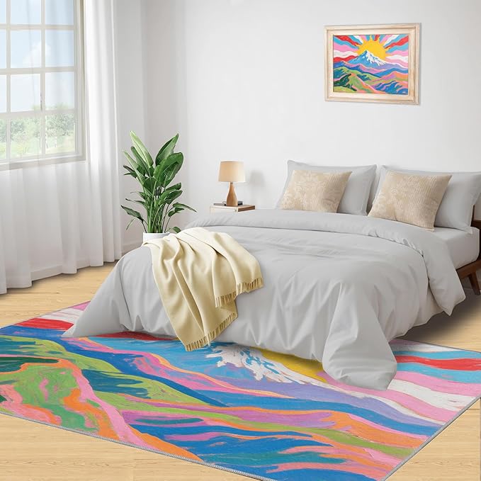 Boho Sun Area Rugs 4x6ft, Watercolor Mountain Carpet for Bedroom, Abstraction Deco Rug for Living Room Easy to Clean for Indoor Outdoor Hardwood Floors Home Decor