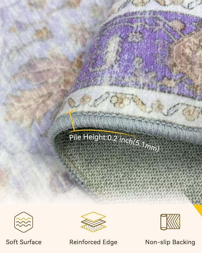 Area Rugs 4ft Washable Non-Slip, Floral Vintage Distress Print Pattern Medallion Carpet for Living Room Bedroom Dining Room, Light Purple Brown