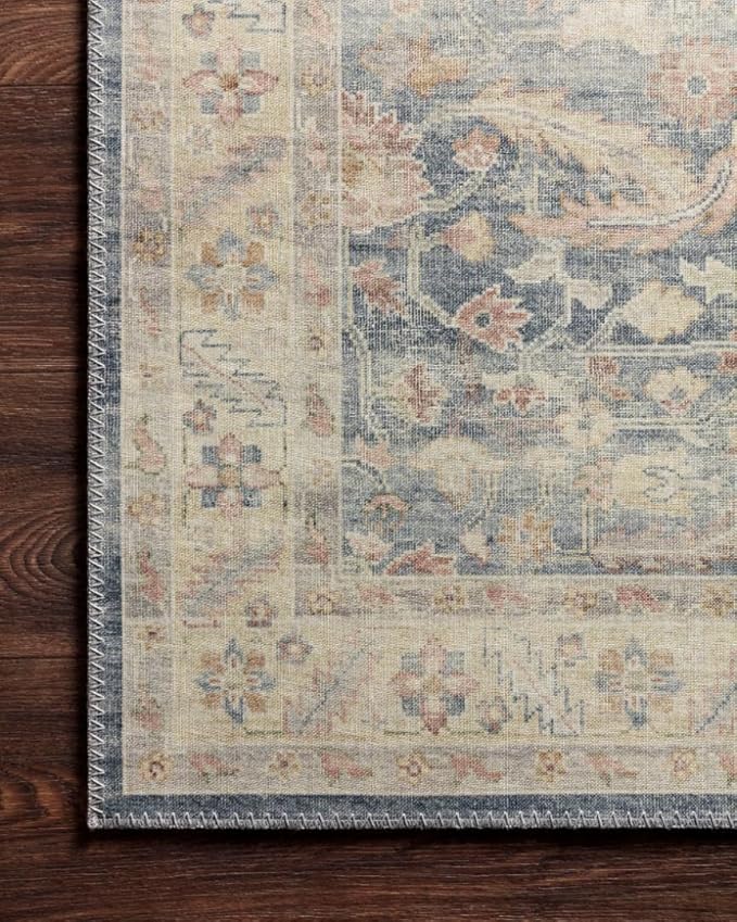 Loloi Hathaway Collection HTH-02 Denim/Multi 2'-6" x 7'-6", .25" Thick Runner Rug, Soft, Durable, Printed, Modern, Low Pile, Non-Shedding, Easy Clean, Living Room Rug