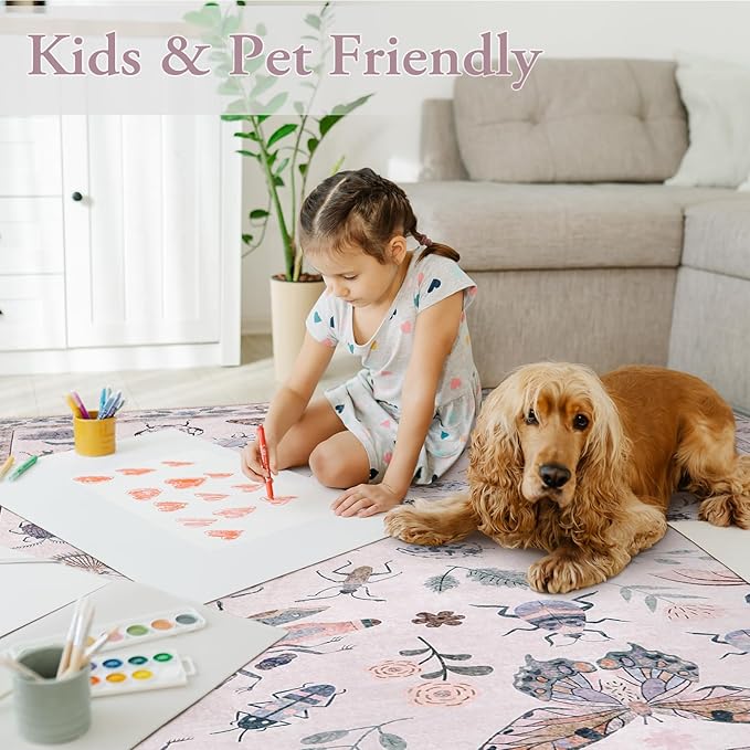 Lahome Insect Machine Washable Rugs 5x7, Non Slip Soft Pink Rugs for Bedroom Girls Living Room, Ultra-Thin Stain Resistant Accent Carpet for Dining Room Office Nursery(5'x7',Pink)