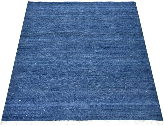 Rugsotic Carpets Hand Woven Flat Weave Kilim Wool 4'x6' Area Rug Solid Blue D00111