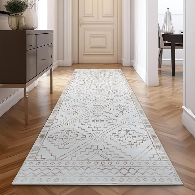 jinchan Hallway Runner Rug 3x7 - Moroccan Kitchen Machine Washable Runner Rug Modern Geometric Soft Faux Wool Ultra-Thin Low-Pile Non-Slip Carpet for Laundry Room Bedroom Farmhouse (3x7ft, Taupe)
