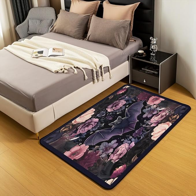 Black Floral Bat 5x7 Area Rug Halloween Bats Living Room Rug | Boho Flowers Rugs for Bedroom, Romantic Plant Gothic Carpet Indoor Floor Mat