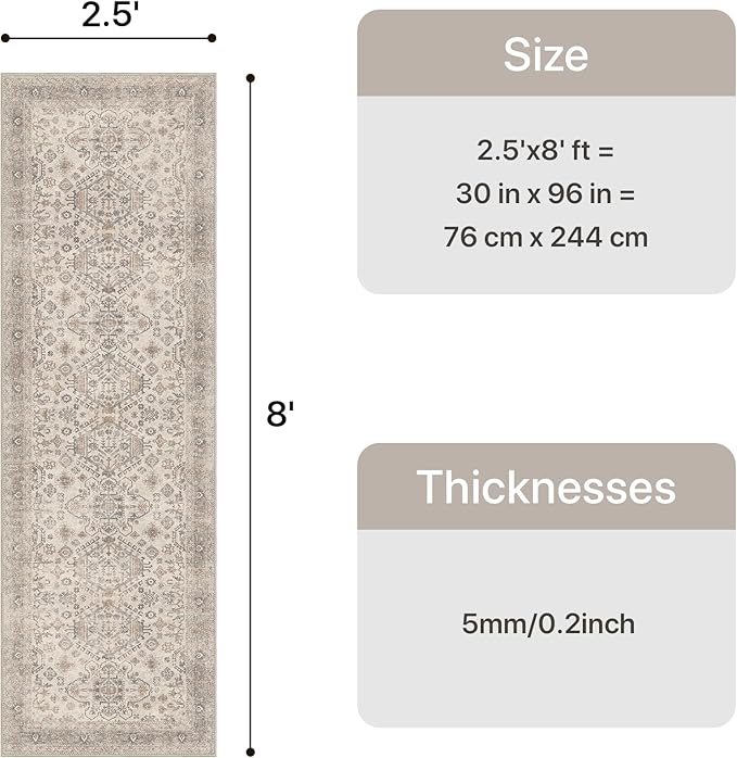 Bavni Washable Runner Rug 2’6”x8’, Non Slip Vintage Hallway Runner, Ultra Thin Low Pile Washable Carpet for Kitchen Entryway Bedroom, Light Taupe Brown