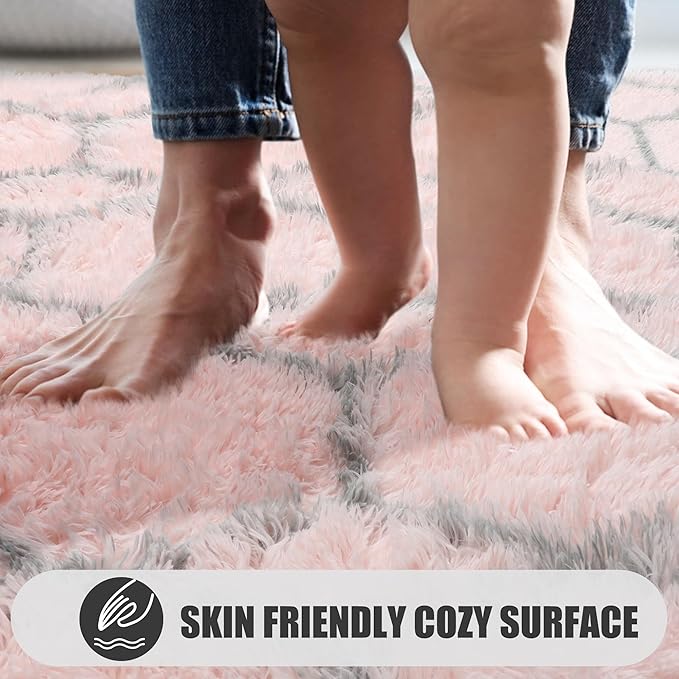 ONASAR 6x9 Area Rugs for Living Room Bedroom, Washable Large Fluffy Pink and Grey Throw Rug, Geometric Soft Plush Shaggy Fuzzy Floor Carpet for Nursery Kids Girls Boys Teen Dorm Home Office Decor