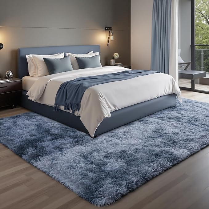 Zentavio Area Rugs for Living Room Large Rugs for Bedroom 8x10 Carpet Fluffy Fuzzy Soft Shag Aesthetic Plush High Pile Gray Throw Rug for Nursery Kids Room Dorm Tie-Dyed Blue Grey