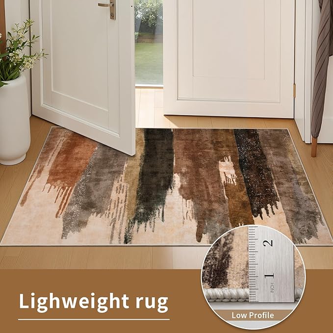 Ciicool Abstract Area Rug Indoor, 3x5 Washable Entryway Rug, Modern Soft Throw Entry Rug with Non-Slip Backing for Bedroom Living Room Entrance Kitchen, Low-Pile Floor Carpet Doormat Brown Grey