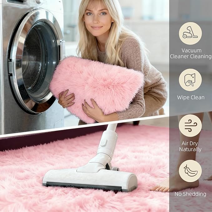 5x7 Solid Fluffy Pink Area Rug – Washable, Durable,Large Living Room Rug, Non-Slip High Pile Shag Rugs for Bedroom, Bedside, Dorms, Nursery Rooms, Kids Room, Soft Indoor Floor Carpet Decor