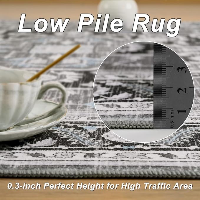 6x9 Black Grey Area Rug for Living Room, Machine Washable Rugs with Non-Slip Backing for Bedroom, Vintage Medallion Carpet Dining Room Office Kids Room Decor