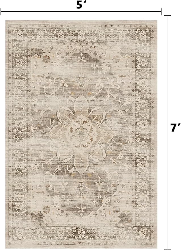 Washable Area Rugs for Living Room 5’x7’ Non Slip Low Pile Area Rugs for Bedroom Dining Foldable Vintage Carpets
