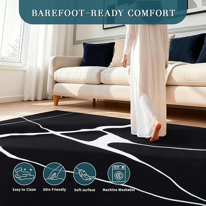 YIHOUSE Abstract Washable Rug 5x7,Ultra Thin Non Slip Black Rugs for Living Room,Modern Minimalist White Stripe Rugs for Bedroom,Dining Room Office Playroom (5'x7',Black-1)