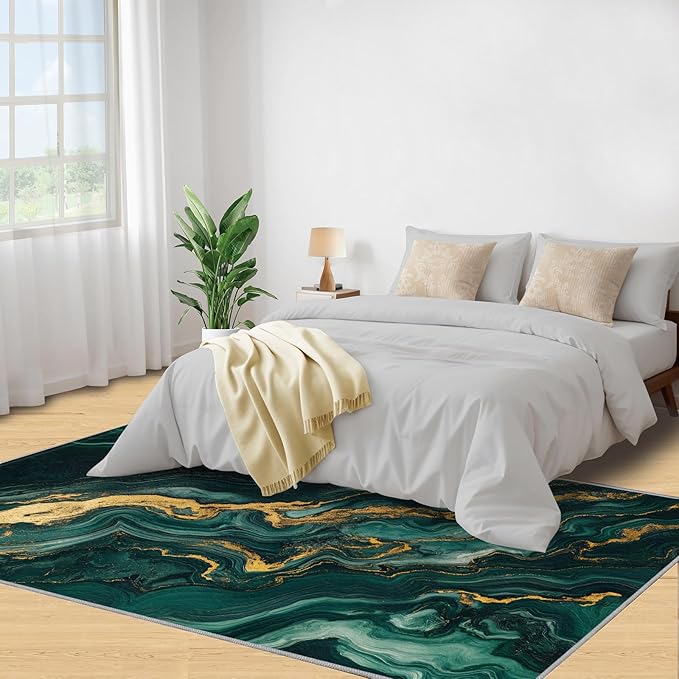 3x6 Abstract Marble Bedroom Rug Under Bed - Emerald-Green-Marble Kids Room Rugs, Luxury Stone Pattern Bedroom Runner Rug Soft Washable for Living Room Kitchen