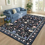GarveeHome Large Washable Area Rug 10 x 13 for Living Room, Non-Slip Soft Vintage Rug, Low Pile Farmhouse Floral Carpet, Non-Shedding Foldable Printed Rugs for Bedroom, Dark Grey Blue