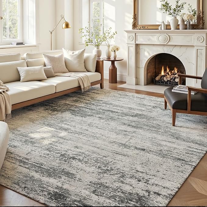 Area Rug 9x12 Washable Rug Grey for Living Room, Dining Room, Bedroom, Large Carpets, Non Slip & Non-Shedding Low Pile Vintage Print Rug for Home Office Decor