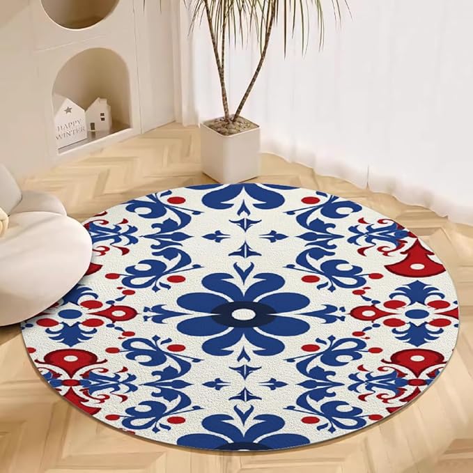 Vintage Blue Flowers Washable Round Rugs Oriental Tribal Floral Circle Rugs for Living Room Entryway Round Area Rug Soft Non Slip Nursery Carpet for Bedroom Dining Coffee Table 7ft