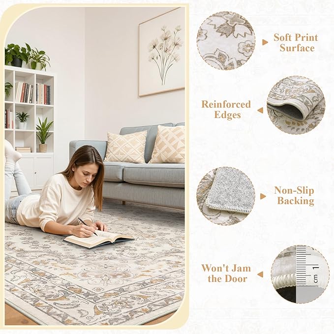 Wonnitar Vintage 5x7 Washable Rug, Neutral Rugs for Living Room Decor, Beige Non Slip Ultra-Thin Soft Boho Floral Room Carpet for Bedroom Nursery Dining Room Farmhouse Office Home Décor
