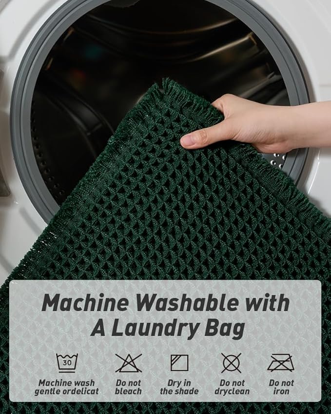 Upgraded Waffle Runner Rug, Super Absorbent Non Slip Bath Mats for Bathroom Floor Machine Washable Bathroom Runner Rug with Tassels Ideal for Hallway Bedroom Laundry Room, Dark Green, 2'x5'(24" x 60")