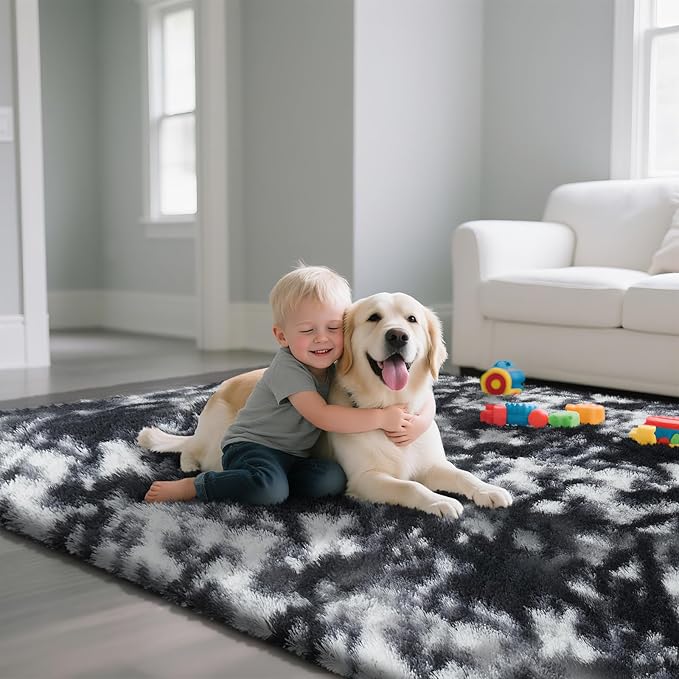 Fluffy Rug Shaggy Area Rug, Mottling Black 6x9 Area Rugs for Living Room, Large Shag Area Rugs for Bedroom Kids Room Home Decor, Upgrade Anti-Skid Rectangular Fuzzy Rugs