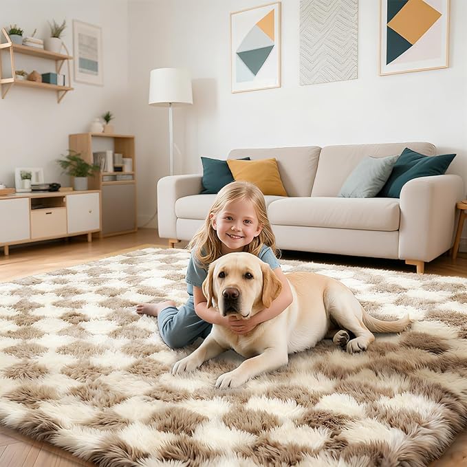Checkered Rug for Bedroom, 5x8 Beige and White Area Rugs, Classic Checkered Carpets Shaggy Area Rug, Bedside Rugs for Living Room Bedroom Kids Room Home Decor