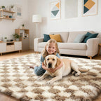 Checkered Rug for Living Room, 8x10 Beige and White Area Rugs, Classic Checkered Carpets Shaggy Area Rug, Bedside Rugs for Living Room Bedroom Kids Room Home Decor