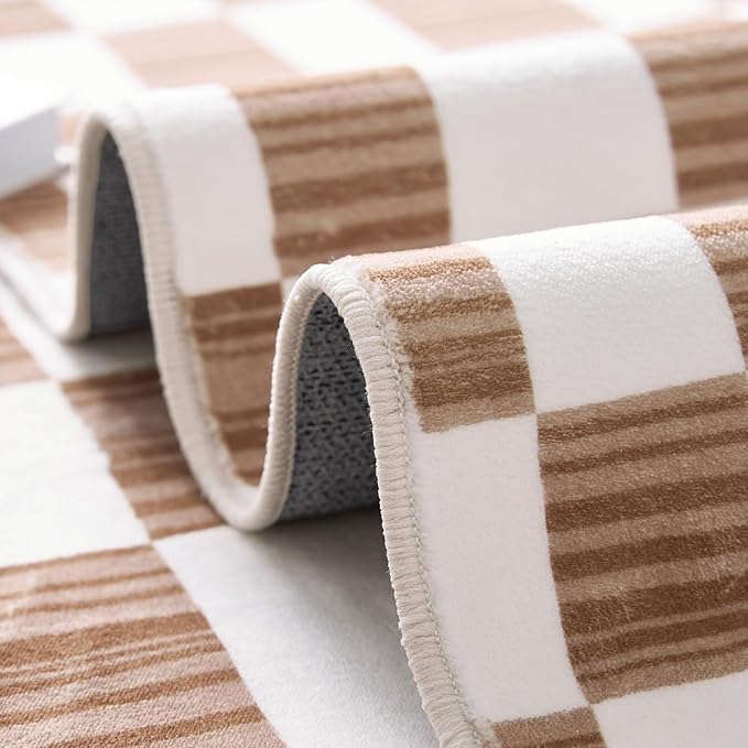jinchan 6x9 Brown Checkered Area Rugs for Kids Room - Machine Washable Rug Modern Neutral Geometric Lattice Soft Non-Slip Carpet for Nursery Playroom Classroom Living Room Bedroom Home Office