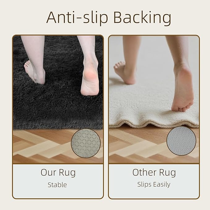 2x6 Solid Fluffy Black Area Rug – Washable, Durable, Small Bedroom Runner Rug, Non-Slip Shag Rugs for Hallway, Living Room, Bedroom, Bedside, Dorms, Kids Room, Nursery Rooms, Soft Indoor Carpet
