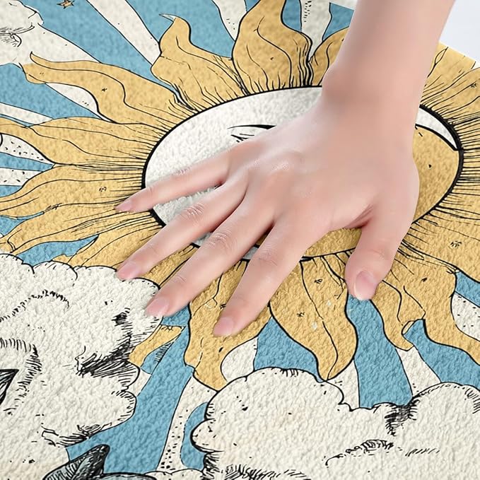 Erosebridal Sun and Moon Bathroom Rugs Boho Bohemian Hippie Bath Mat Moon Phase Print Non Slip Bath Rugs Geometric Striped Fluffy Plush Rugs 20x32 Sunflower Daisy Shower Carpet Retro Decor