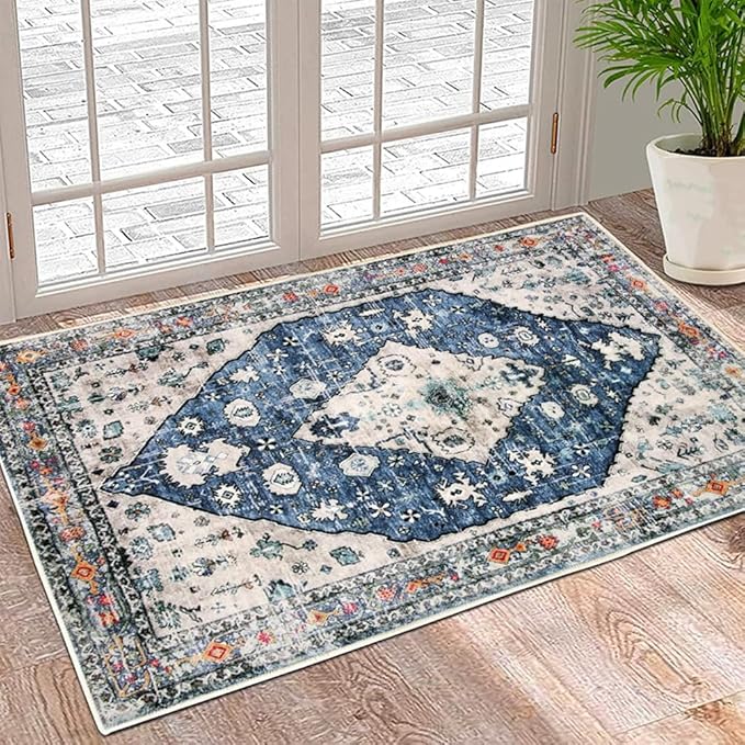 Boho Vintage Oriental Entry Rugs for Entrance Non-Slip Washable Tribal Small Area Rug,Ultra Soft Bohemian Floral Medallion Low-Pile Indoor Front Door Mat for Bedroom Kitchen Bathroom 16" x 24"