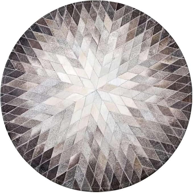 Cowhide Hairon Leather Round Rug, Geometric Patterned Circle Carpet for Living Room, Bedroom, Hall, Brown, 4×4ft