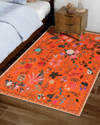 Boho Washable Area Rug 4x6 – Floral Low Pile Non-Slip Carpet for Living Room, Bedroom, Office, Playroom, Entryway, Kitchen, Dining Room (Orange)