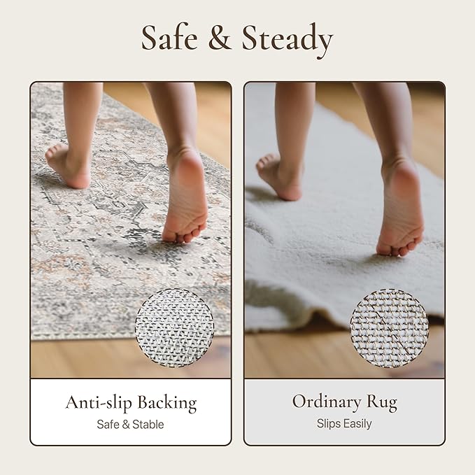 GENIMO Runner Rug 2'6"x7 Machine Washable Non Slip Vintage Hallway Runner Rug, Low Pile Lightweight Rugs for Indoor Entryway, Hallway, Kitchen and Corridor, Light Taupe Brown