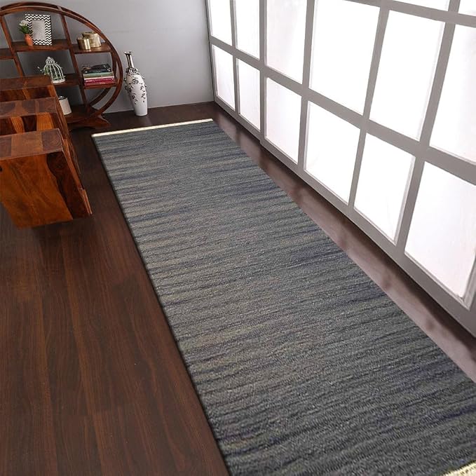 Rugsotic Carpets Hand Woven Flat Weave Kilim Wool ECO-Friendly Area Rugs - 3'x13', Runner Shape, Silver Color, Solid Plain Design, Low Pile Handmade Area Rugs for Living Room, Bed Room (D00111)