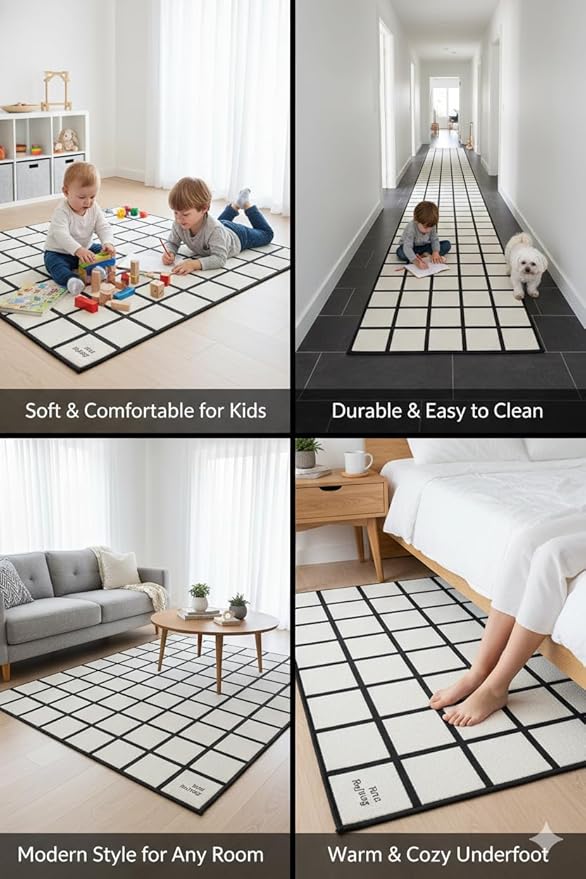 Handmade Wool Area Rug & Runner | Modern Grid Pattern Carpet for Living Room, Bedroom, Hallway & Home Décor | Multiple