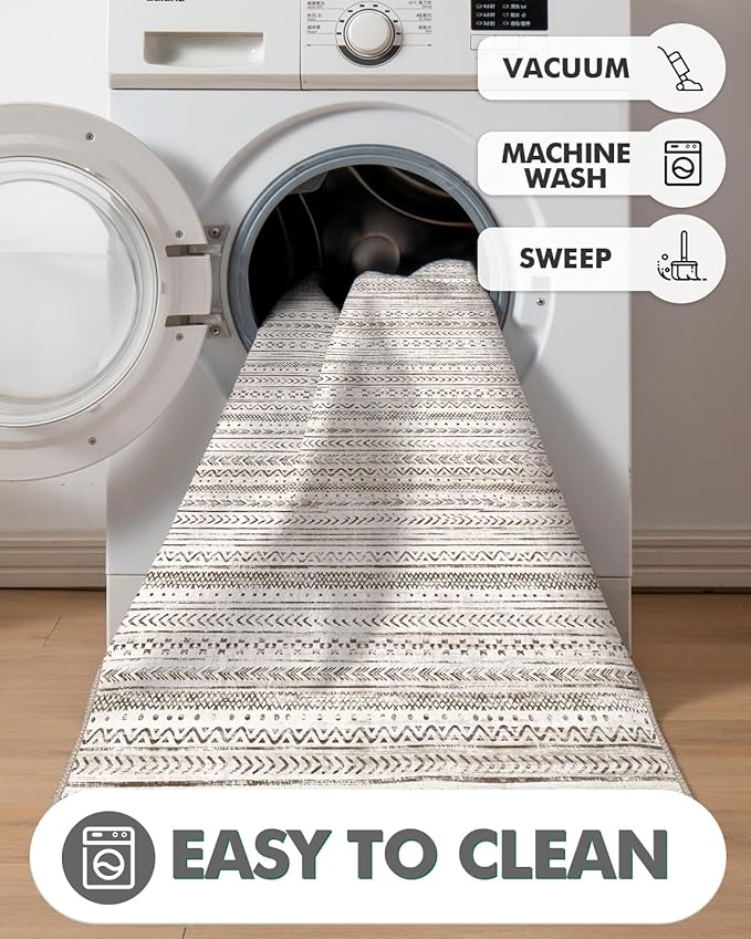LUMI Washable Runner Rug, 3'x10' Non-Slip Hallway Mat, Low Profile Thin Long Carpeet for Laundry Kitchen Bedroom Office, White and Brown