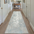 2x10 Washable Runner Rug Blue Cream Abstract Hallway Kitchen Throw Rug Neutral Modern Non Slip Soft Low Pile Lightweight Carpet for Bathroom Laundry Bedroom Living Room