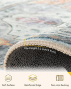Area Rugs 3'x10' Washable Non-Slip, Floral Vintage Distress Print Pattern Medallion Carpet for Living Room Bedroom Dining Room, Light Yellow Carbon Grey Orange