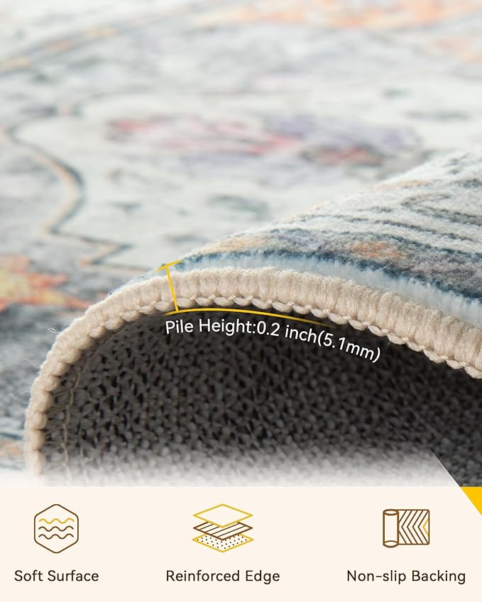 Area Rugs 3'x10' Washable Non-Slip, Floral Vintage Distress Print Pattern Medallion Carpet for Living Room Bedroom Dining Room, Light Yellow Carbon Grey Orange