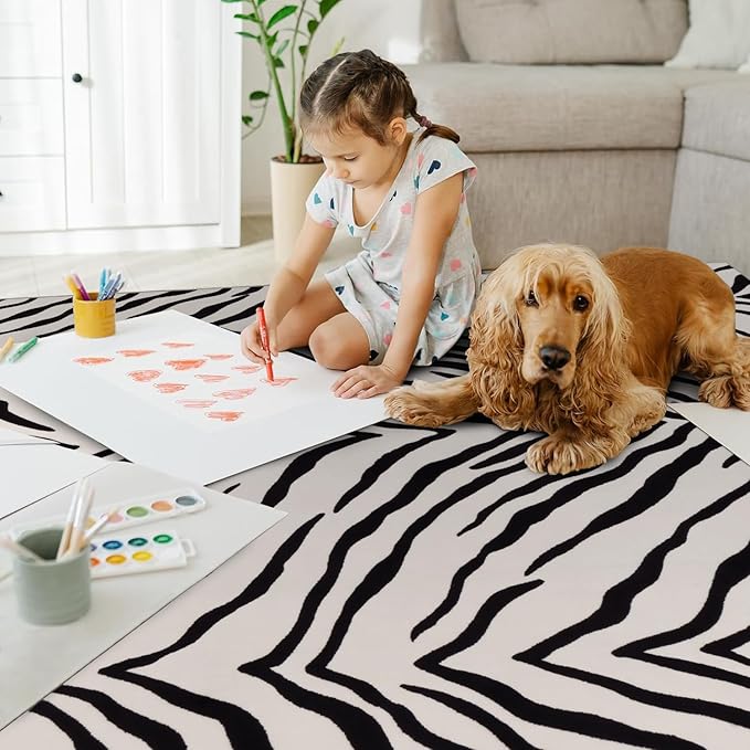 YIHOUSE Tiger Washable Area Rugs 5'x7', Black and Beige Modern Rug for Living Room, Bedroom, Ultra Thin Animal Stripe Print Rug for Girls Boys Nursery, Playroom, Dorm Room