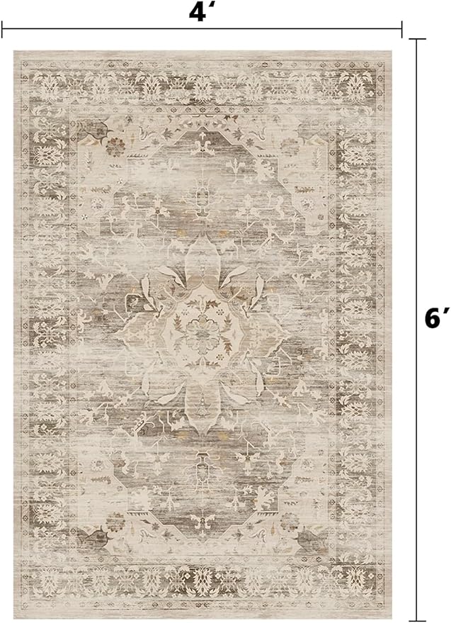 Washable Area Rugs for Living Room 4’x6’ Non Slip Low Pile Area Rugs for Bedroom Foldable Vintage Carpets