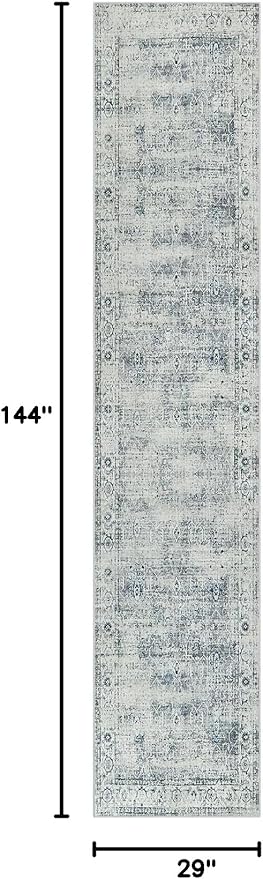 Morebes Vintage Hallway Runner Rug 12 ft, Extra Long Washable Kitchen Rug Runner Non-Slip, Soft Indoor Floor Throw Carpet for Hall Living Room Dining Room Office Farmhouse, Blue-Gray