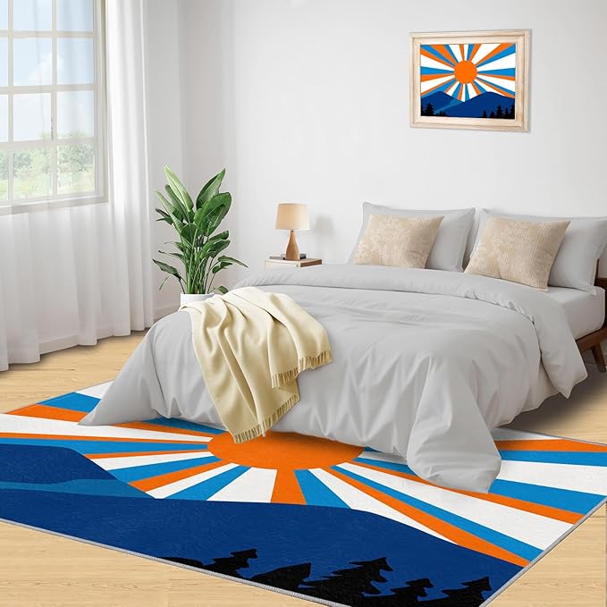 Boho Sun Area Rugs 3x4ft, Abstraction Deco Kids Bedroom Rug, Minimalist Sunburst Bedside Rug Durable Non Slip for Cafe Living Room Under Table Boys Room Decor