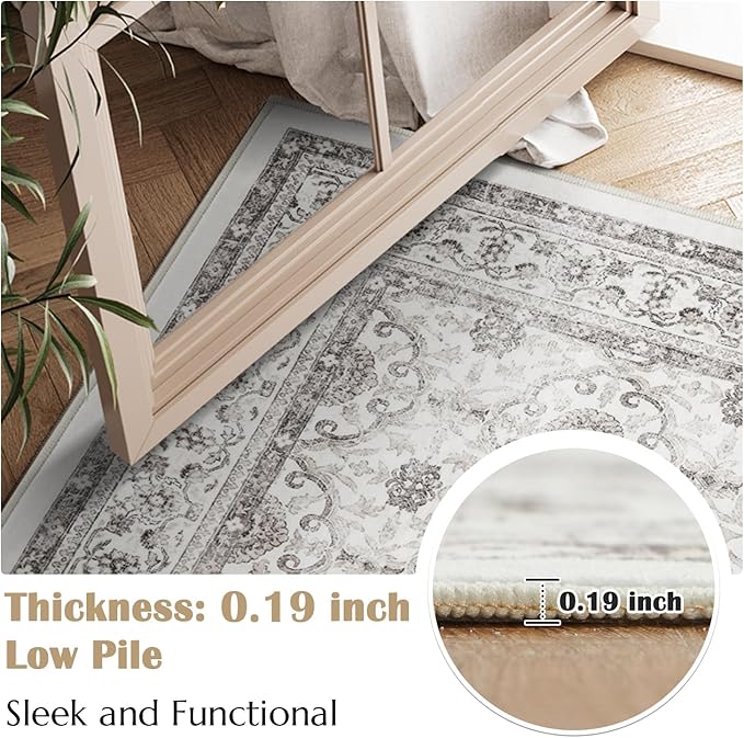 jinchan Hallway Runner Rug 2x8 - Machine Washable Beige Vintage Floral Distressed Design Soft Non-Slip Low-Pile Ultra-Thin Runner Rug for Kitchen Laundry Room Bedroom Farmhouse (2‘x8', Beige)