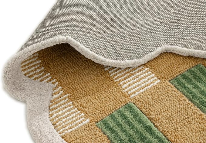 Hand-Tufted Wool Area Rug with Scalloped Edges, Beige and Green Plaid Pattern, Cozy and Soft Accent Rug for Living Room, Bedroom, and Nursery, Handmade Decorative Rug, 2x3 Ft