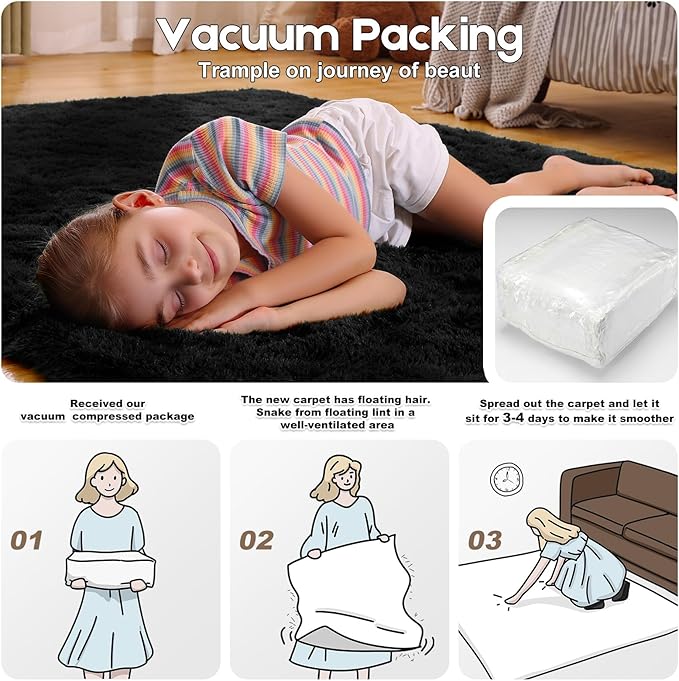 6x9 Black Rugs for Living Room Bedroom, Fluffy Large Area Rug Soft Shag Non-Slip Carpet for Kids Boys and Girls Room Dorm Home Decor (6ft x 9ft)